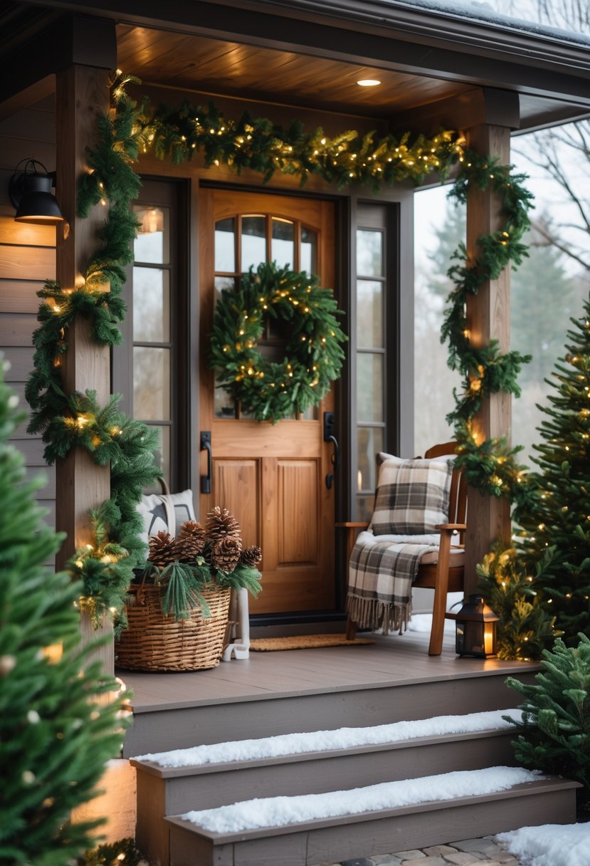 Front Porch Christmas Decor Ideas 2025: 24 Stylish Ways To Elevate Your Holiday Entryway 18 A front porch decorated with natural pine cone garlands, warm lights, a lantern, and winter greenery with light snow on the steps.
