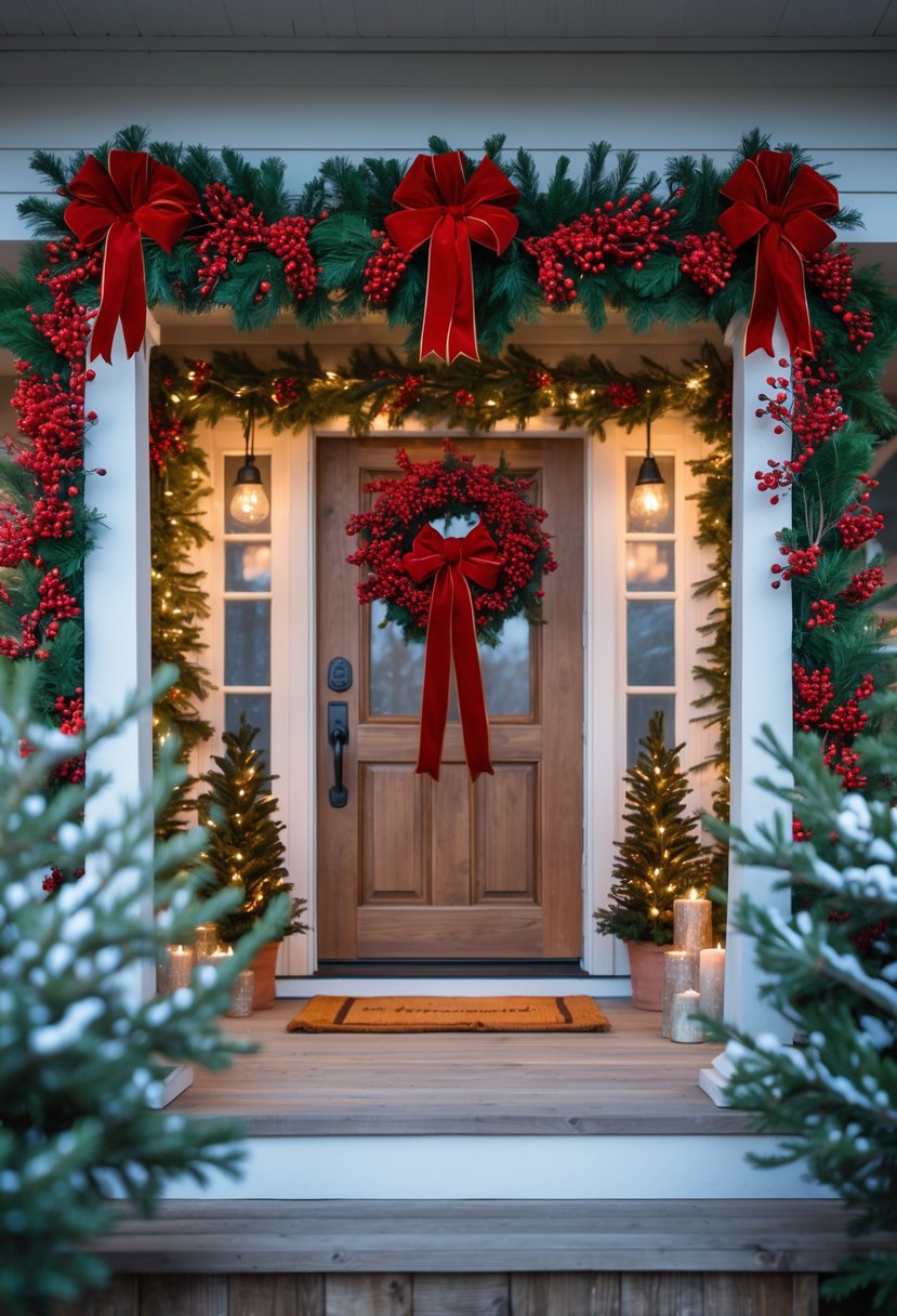 Front Porch Christmas Decor Ideas 2025: 24 Stylish Ways To Elevate Your Holiday Entryway 19 Front porch decorated with red berry wreaths and velvet ribbons on a wooden door during winter.