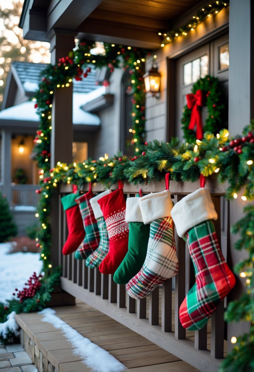 Front Porch Christmas Decor Ideas 2025: 24 Stylish Ways To Elevate Your Holiday Entryway 20 Christmas stockings hanging on a front porch railing decorated with garlands and lights, with a house and light snow in the background.