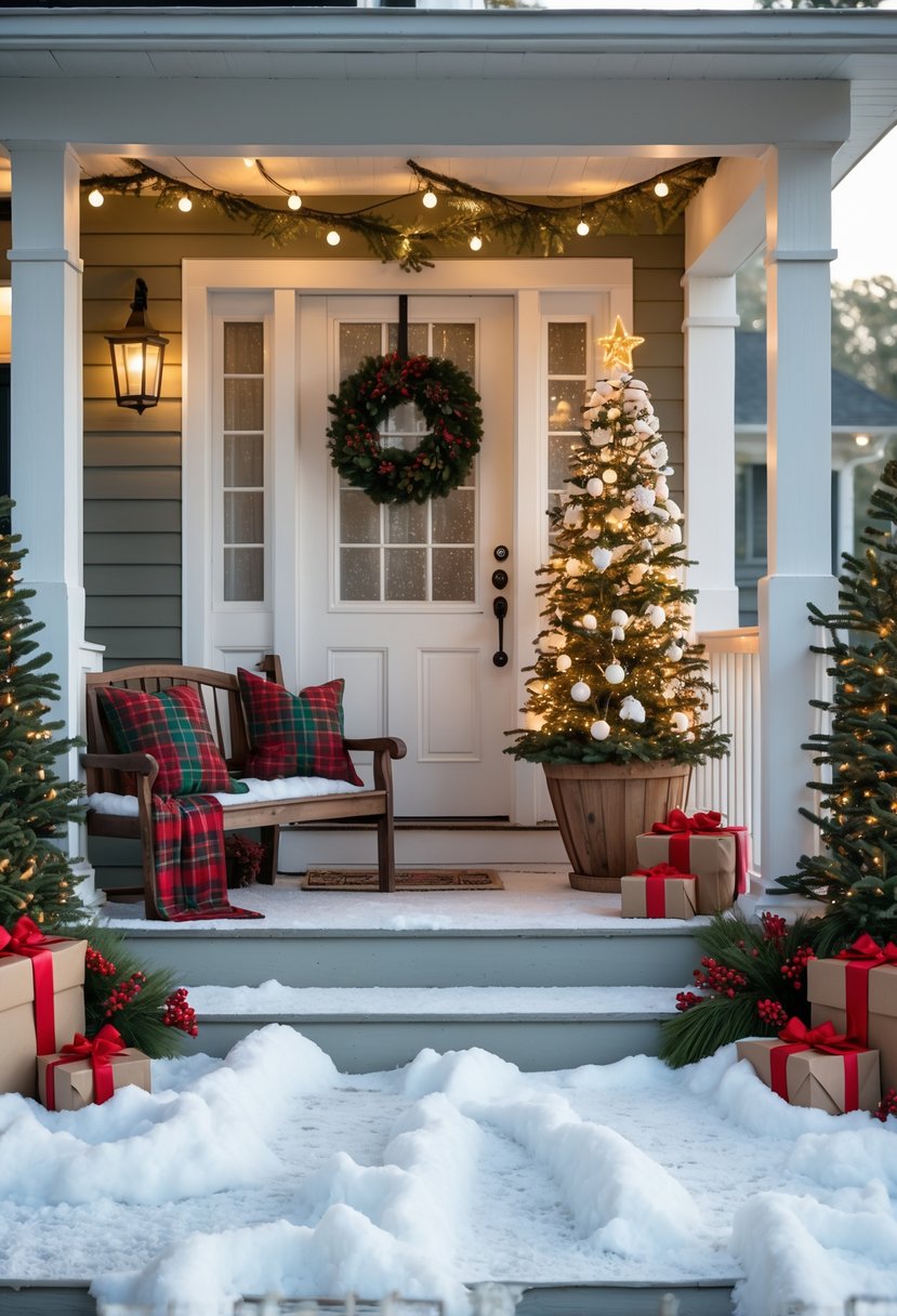 Front Porch Christmas Decor Ideas 2025: 24 Stylish Ways To Elevate Your Holiday Entryway 22 Front porch covered with faux snow and decorated with a small Christmas tree, wreaths, string lights, and holiday ornaments.