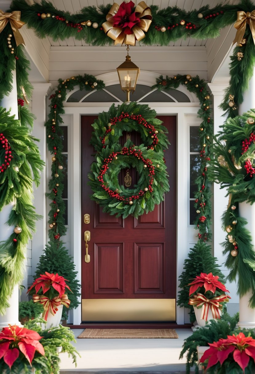 Front Porch Christmas Decor Ideas 2025: 24 Stylish Ways To Elevate Your Holiday Entryway 25 Front porch decorated with green wreaths featuring red berries and gold accents on a red door, with festive garlands on white columns and holiday plants nearby.