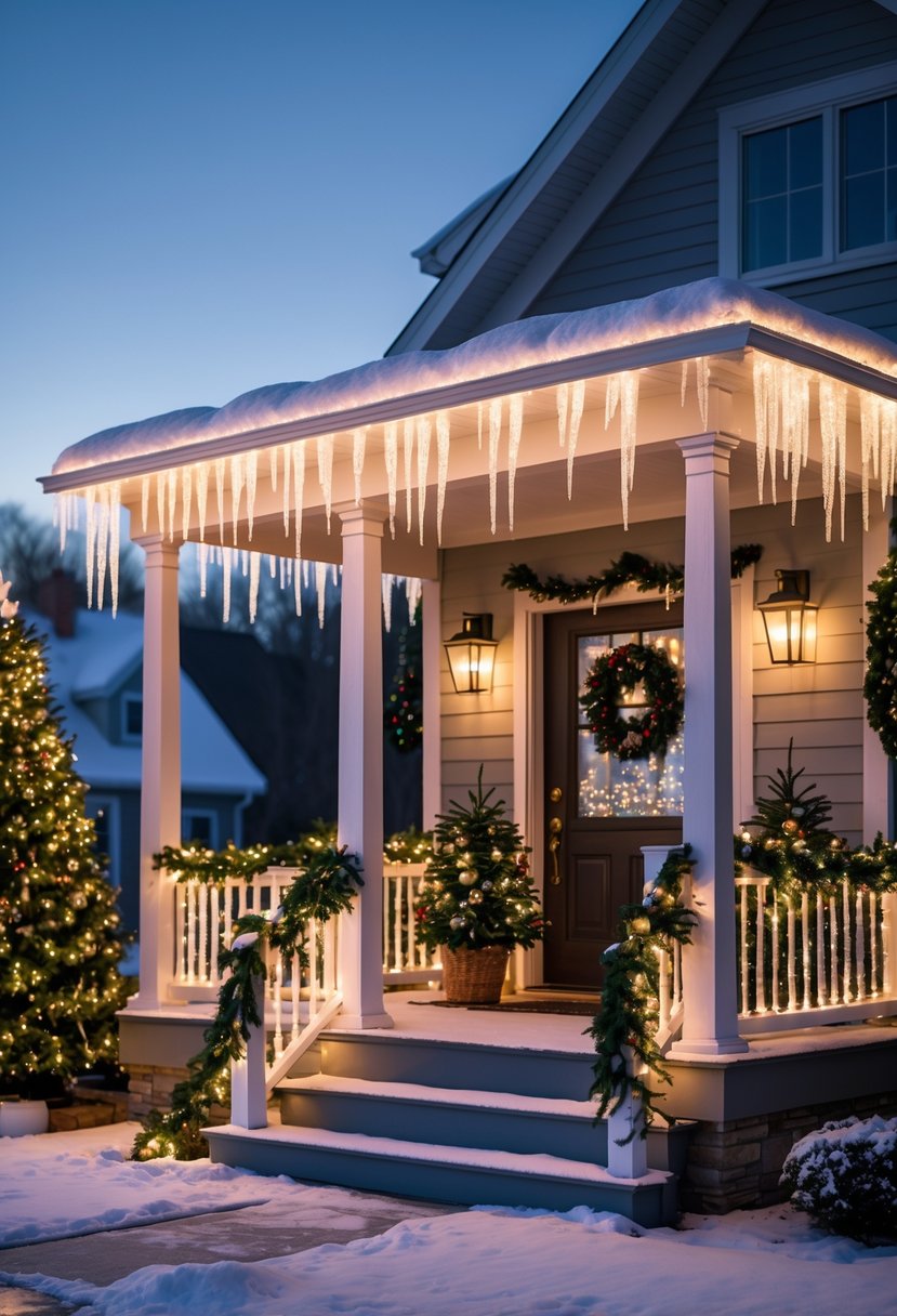 Front Porch Christmas Decor Ideas 2025: 24 Stylish Ways To Elevate Your Holiday Entryway 26 Front porch decorated with twinkling icicle lights along the roofline and Christmas decorations in a winter setting.