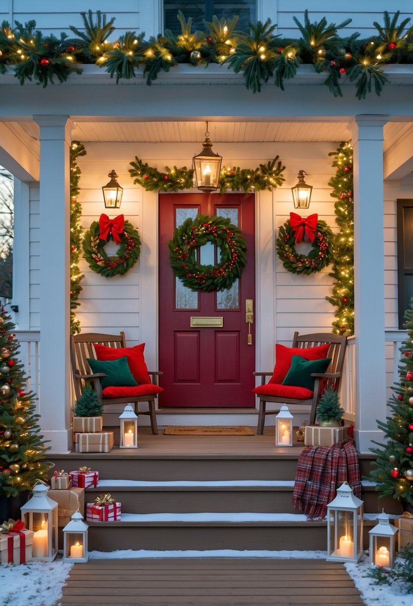 Front Porch Christmas Decor Ideas 2025: 24 Stylish Ways To Elevate Your Holiday Entryway 27 A front porch decorated for Christmas with garlands, wreaths, lanterns, cushions, and a small Christmas tree, dusted with light snow.
