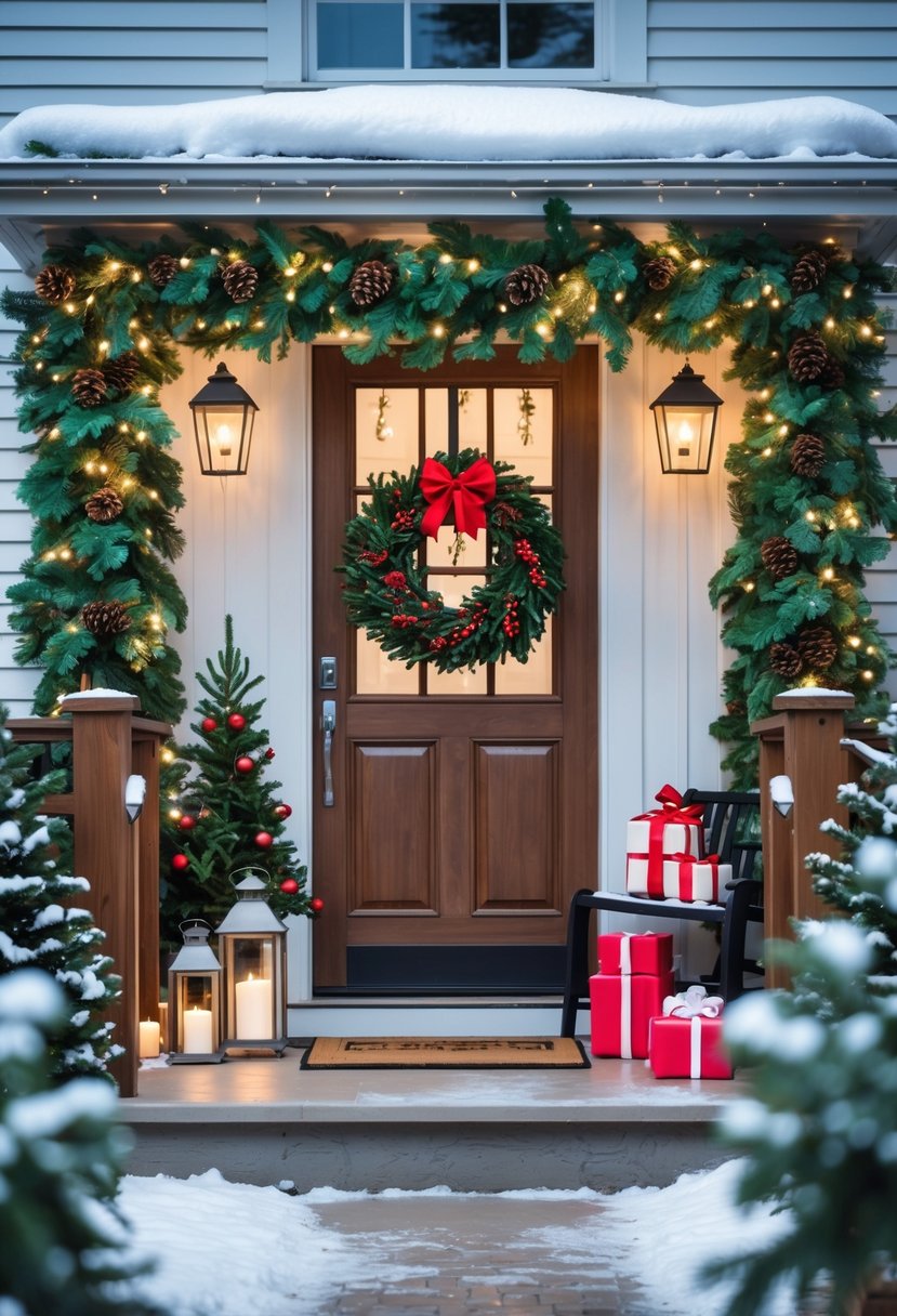 Front Porch Christmas Decor Ideas 2025: 24 Stylish Ways To Elevate Your Holiday Entryway 28 A front porch decorated for Christmas with weatherproof garlands, a wreath, lanterns, wrapped presents, and safety features like railings and well-lit pathways in snowy weather.