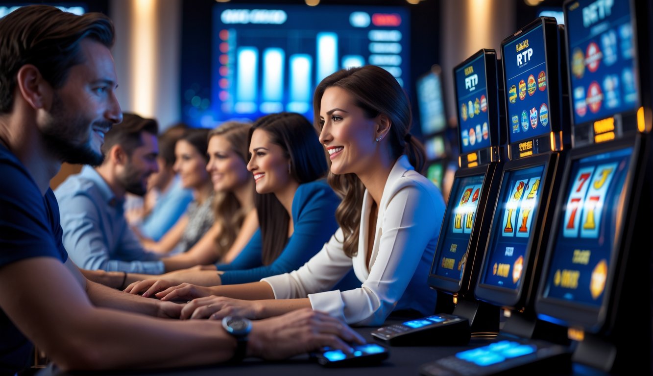 Beberapa orang bermain mesin slot online dengan perangkat komputer dan ponsel di ruang permainan yang terang dan modern.