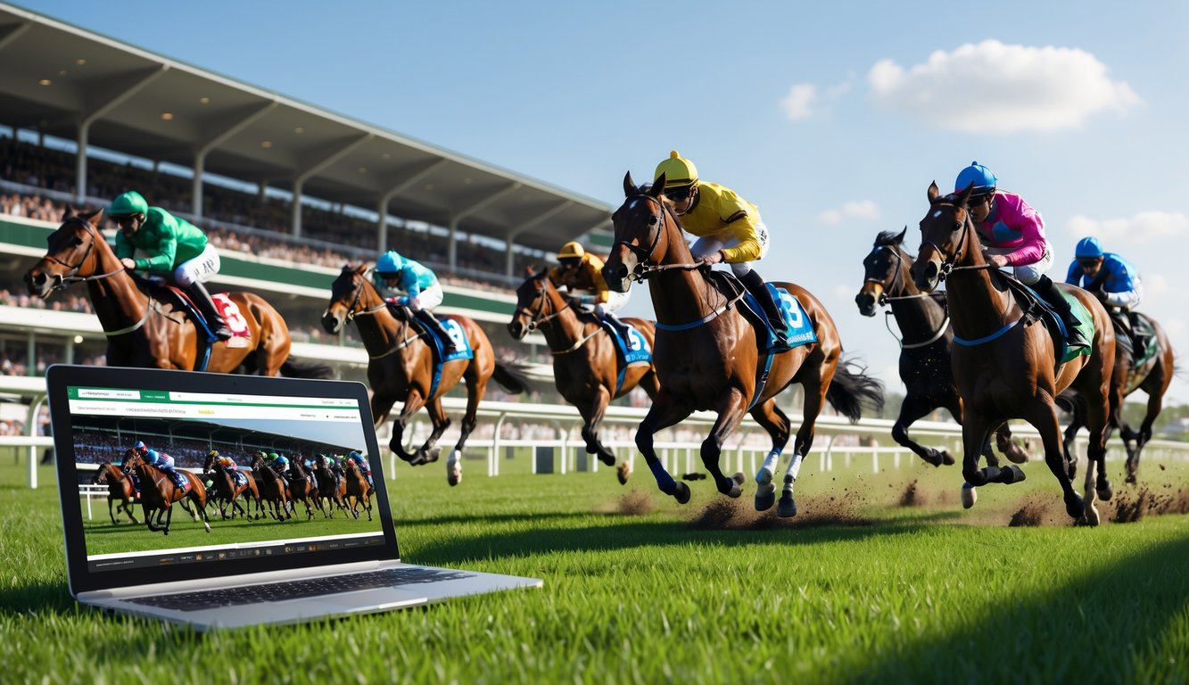 Lomba kuda sedang berlangsung di lintasan hijau dengan joki mengenakan pakaian balap berwarna-warni dan orang-orang menonton sambil menggunakan perangkat digital.