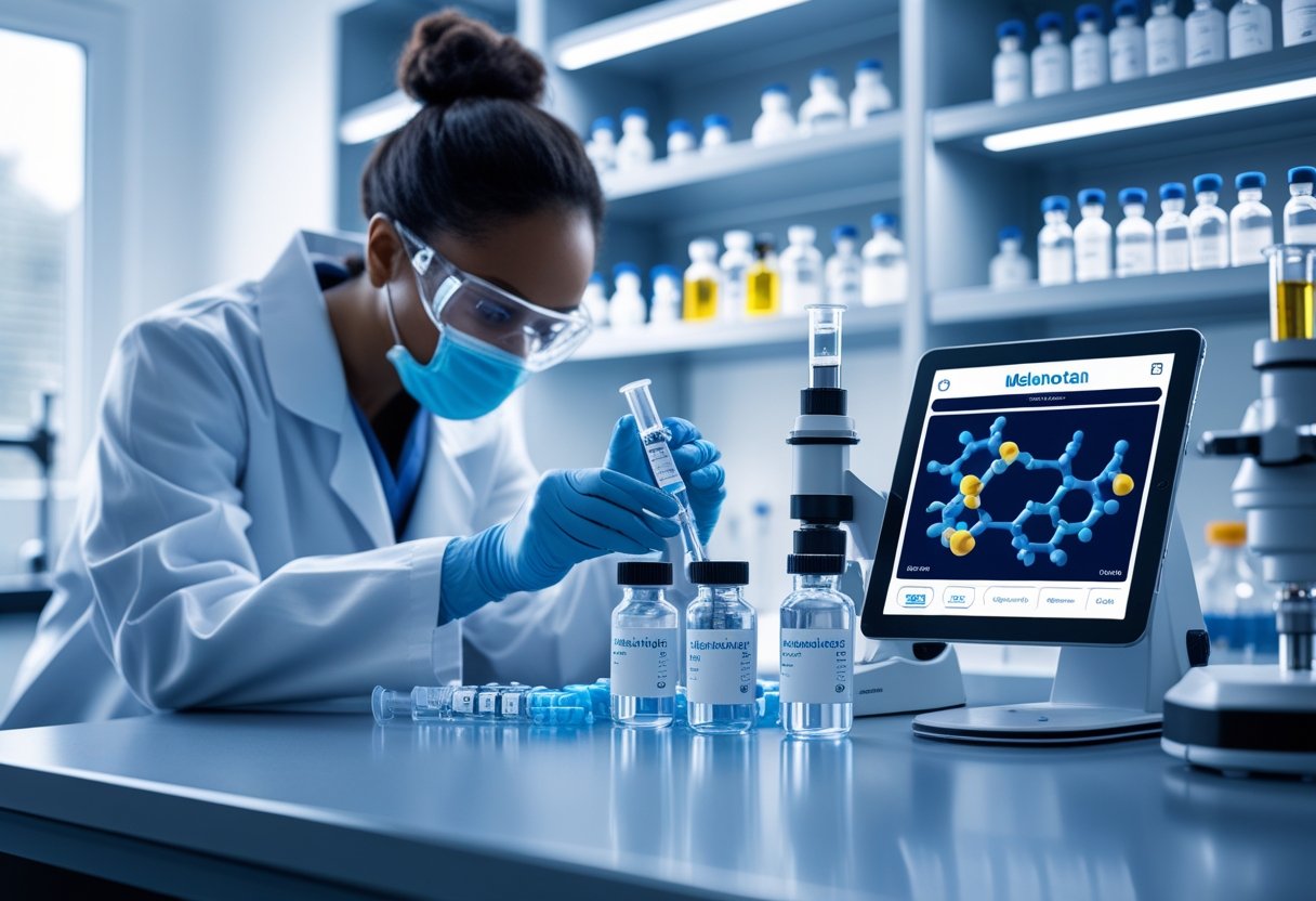 A scientist in a lab coat examines vials and scientific instruments in a modern research laboratory focused on peptide therapy.