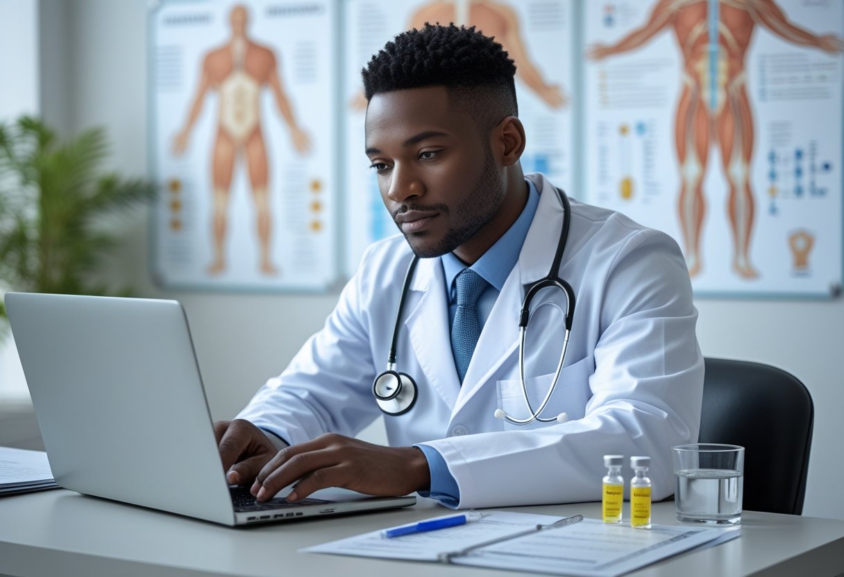 A doctor consulting with medical documents and peptide vials on a desk in a clinic setting.