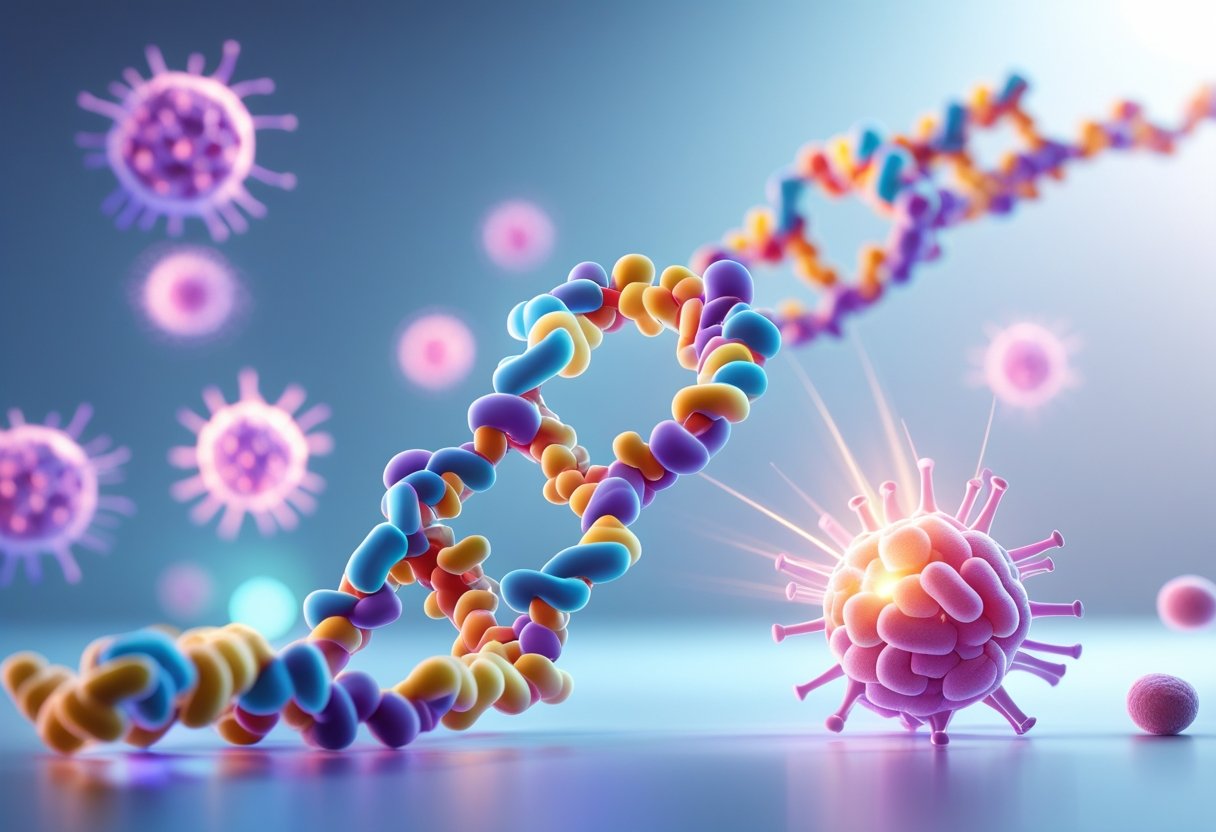 A detailed 3D molecular structure of thymosin peptides surrounded by immune cells on a soft blue and white background.