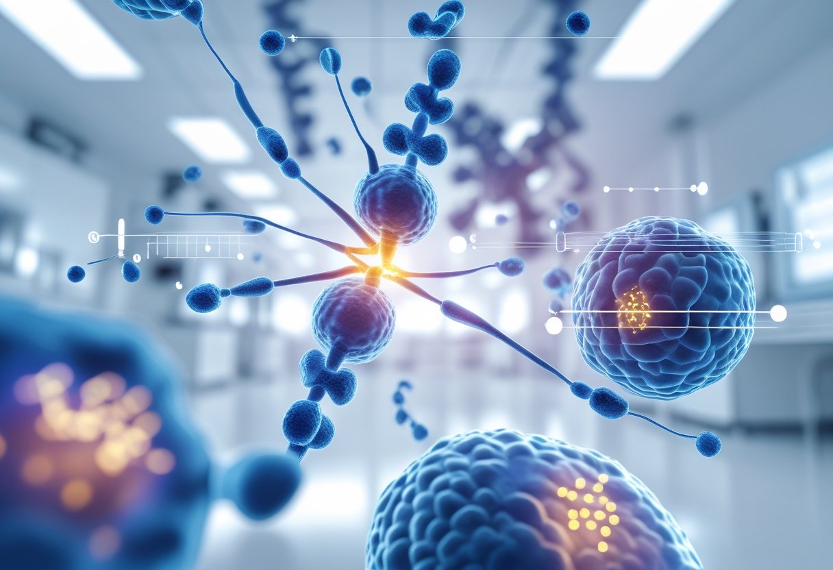 Close-up view of human immune cells interacting with glowing molecular structures representing thymosin peptides in a bright laboratory setting.