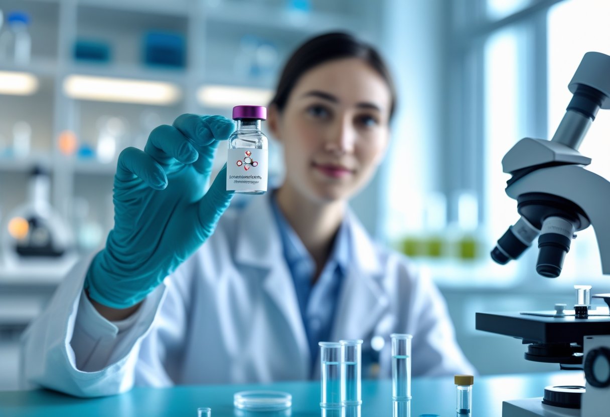 A scientist in a laboratory holding a vial, surrounded by lab equipment, representing medical research on chronic infections.