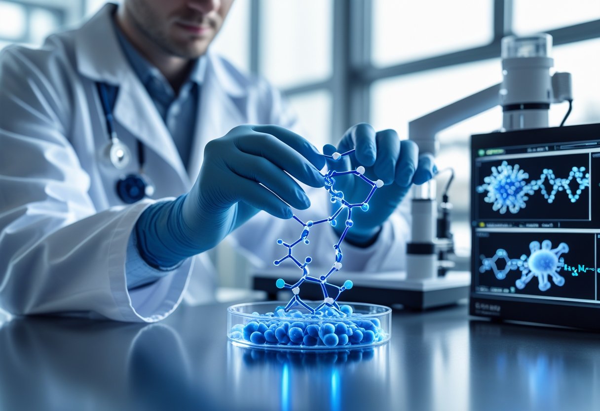 Scientist in a lab coat examining glowing peptide molecules in a petri dish inside a modern laboratory with advanced medical equipment and digital molecular displays.