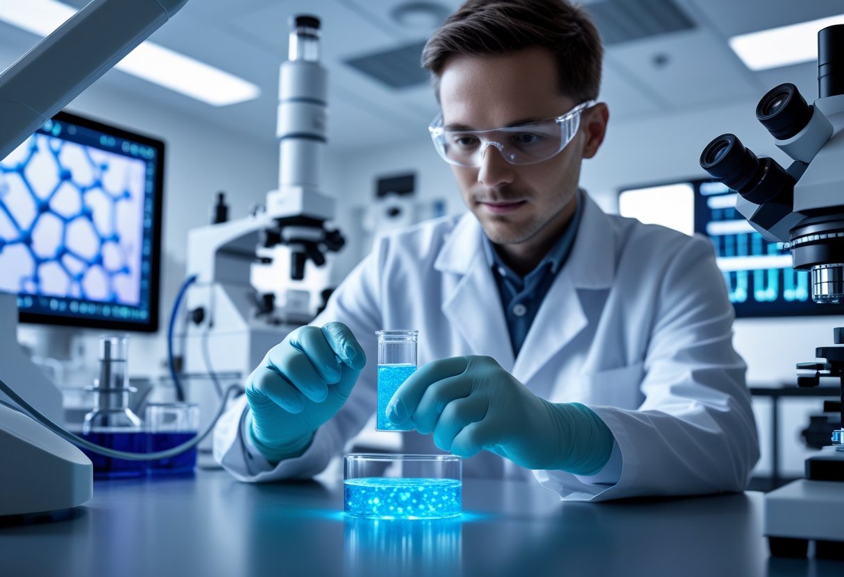 A scientist in a lab coat working with a glowing blue solution in a laboratory surrounded by medical equipment and digital displays showing molecular structures.