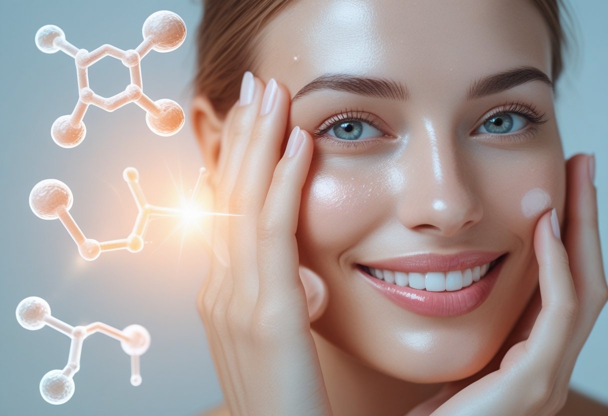 A smiling young woman with clear skin gently touching her face with translucent molecular structures in the background.