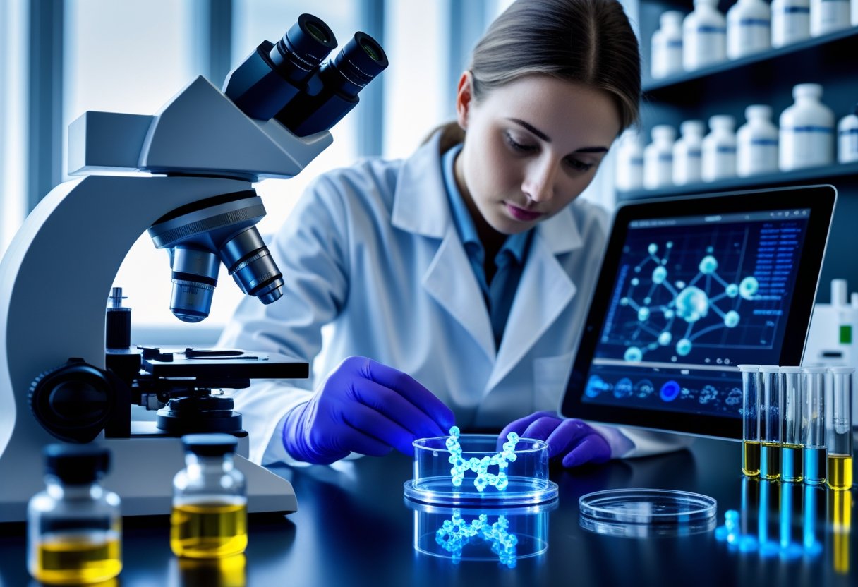 A scientist in a laboratory examining a glowing peptide structure with scientific equipment and molecular diagrams around.