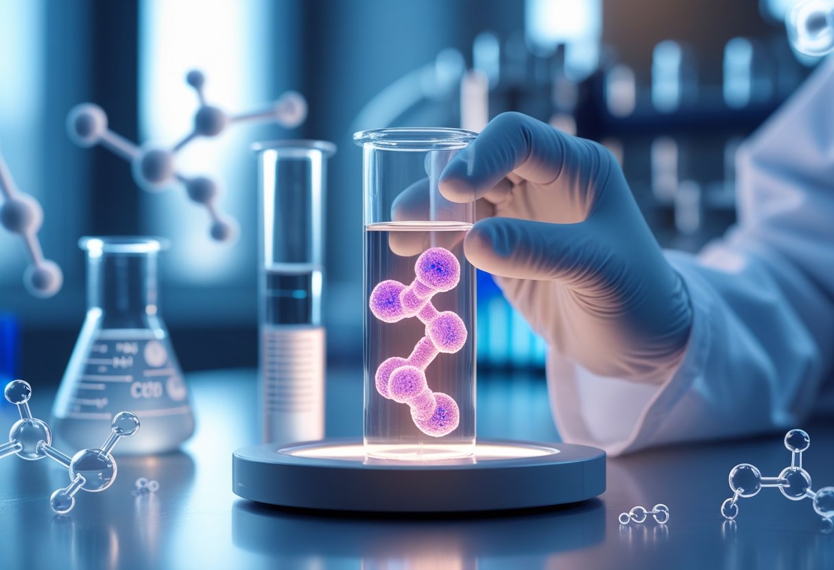 A scientist in a lab coat examining a glowing molecular structure representing peptides in a modern laboratory.