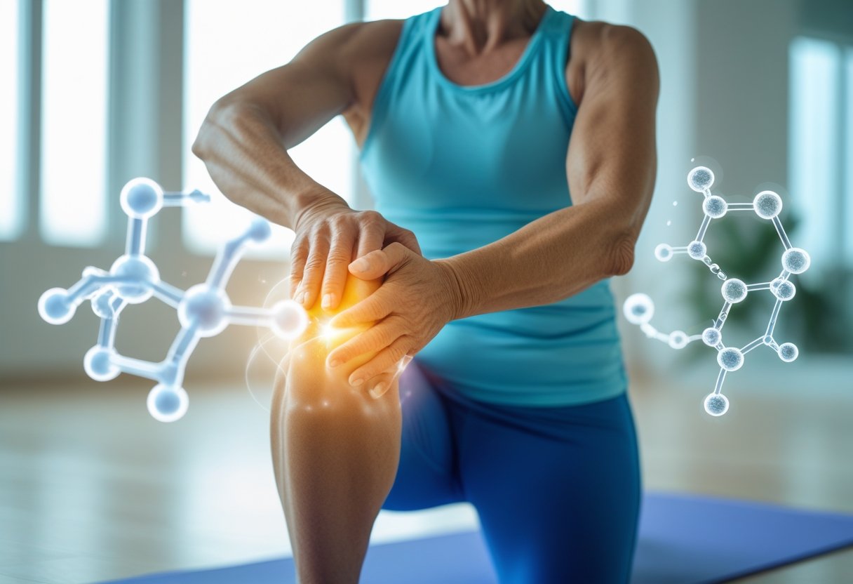 A middle-aged person gently stretching their knee joint with glowing highlights and molecular structures symbolizing joint support.