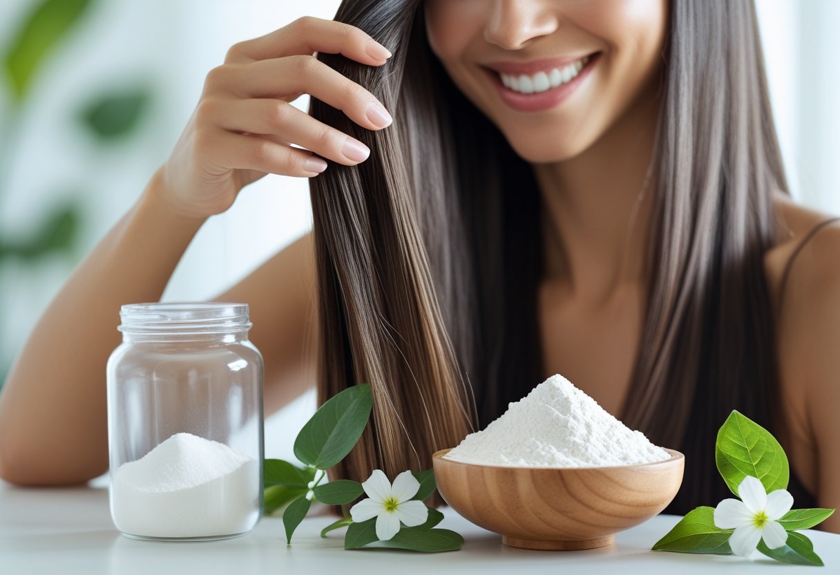 A smiling woman with long, shiny hair touching her hair, with a jar and bowl of collagen peptide powder and green leaves on a table nearby.