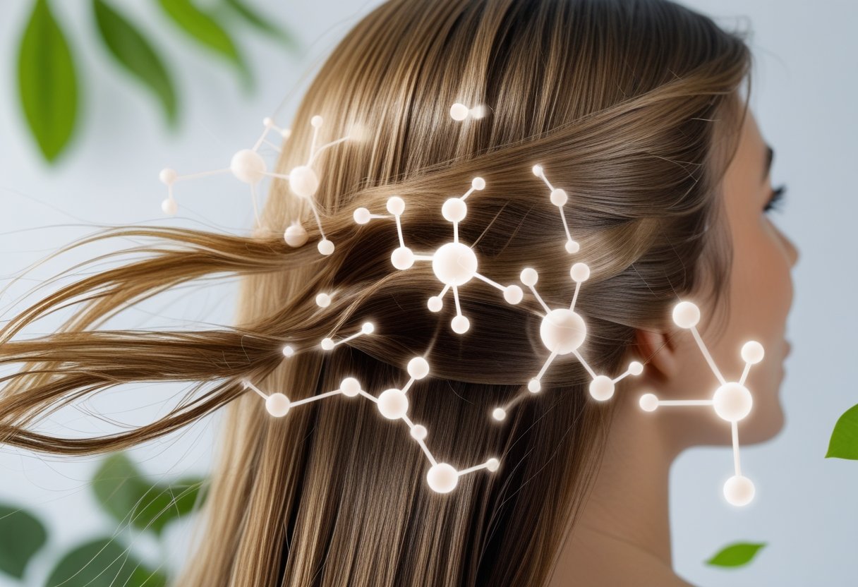 Close-up of healthy shiny hair with glowing molecular structures around it symbolizing collagen peptides and hair growth.