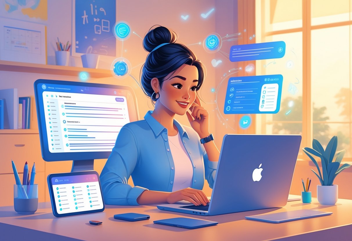 A mom entrepreneur working at a desk with a laptop and smartphone showing AI task management, surrounded by productivity symbols in a home office.