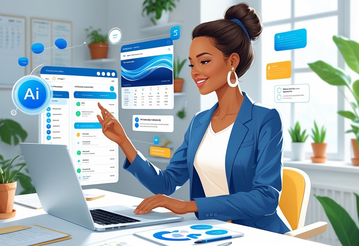 A mom entrepreneur working at a laptop in a bright home office with digital task management graphics floating around her.