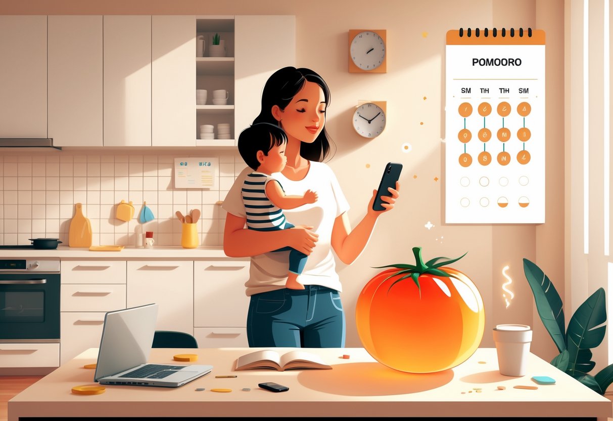 A mother holding a baby while using a timer in a home with a child playing nearby and visual symbols of time management around her.