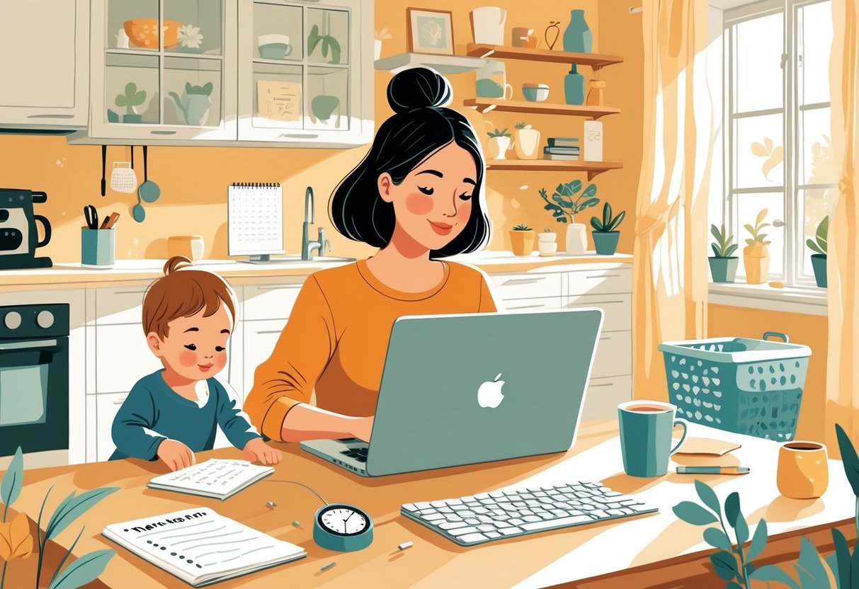 A mom working at a kitchen table with a laptop and timer, while a toddler plays nearby and household items are around her, showing her managing time and childcare together.