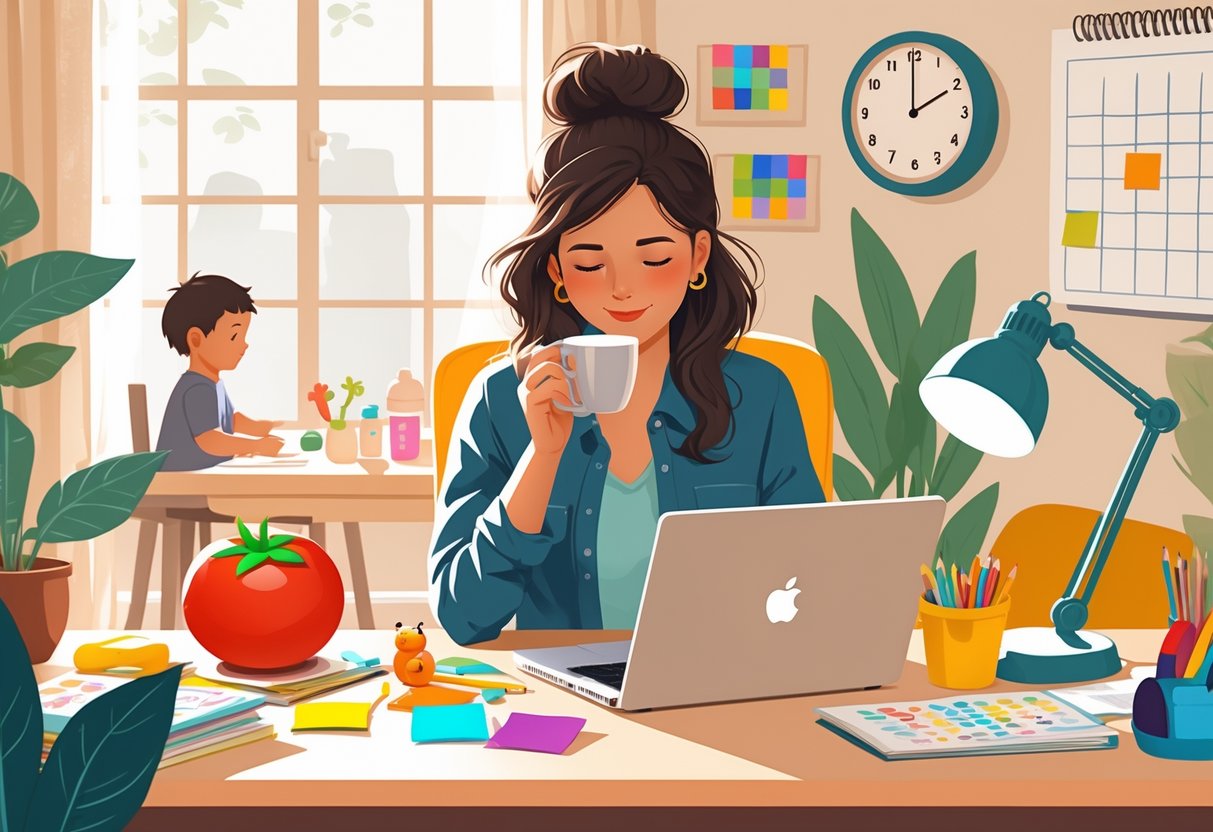 A mom working at a desk with a laptop and a Pomodoro timer, surrounded by baby items and a child playing nearby, showing a balance of work and parenting.