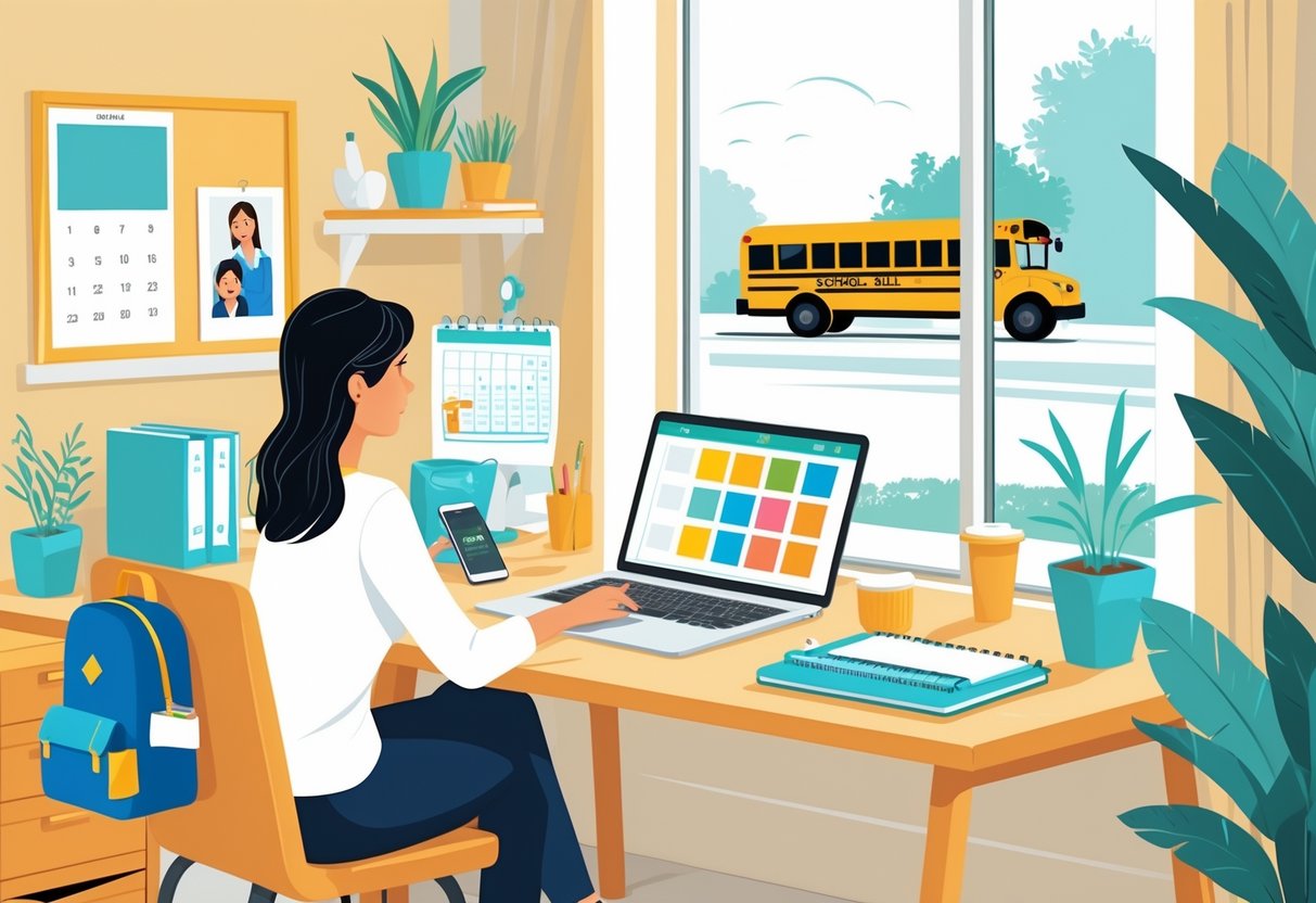A mom working at a desk with a laptop and planner, surrounded by school items and a phone, with a school bus visible outside the window.