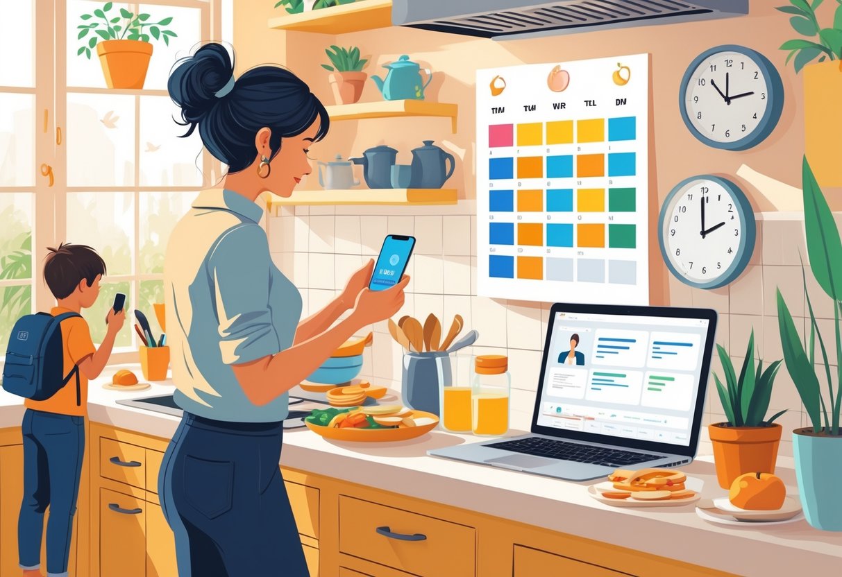 A mother preparing breakfast while checking her phone and a wall planner, with a child getting ready for school and a laptop showing a business video call in a bright kitchen.