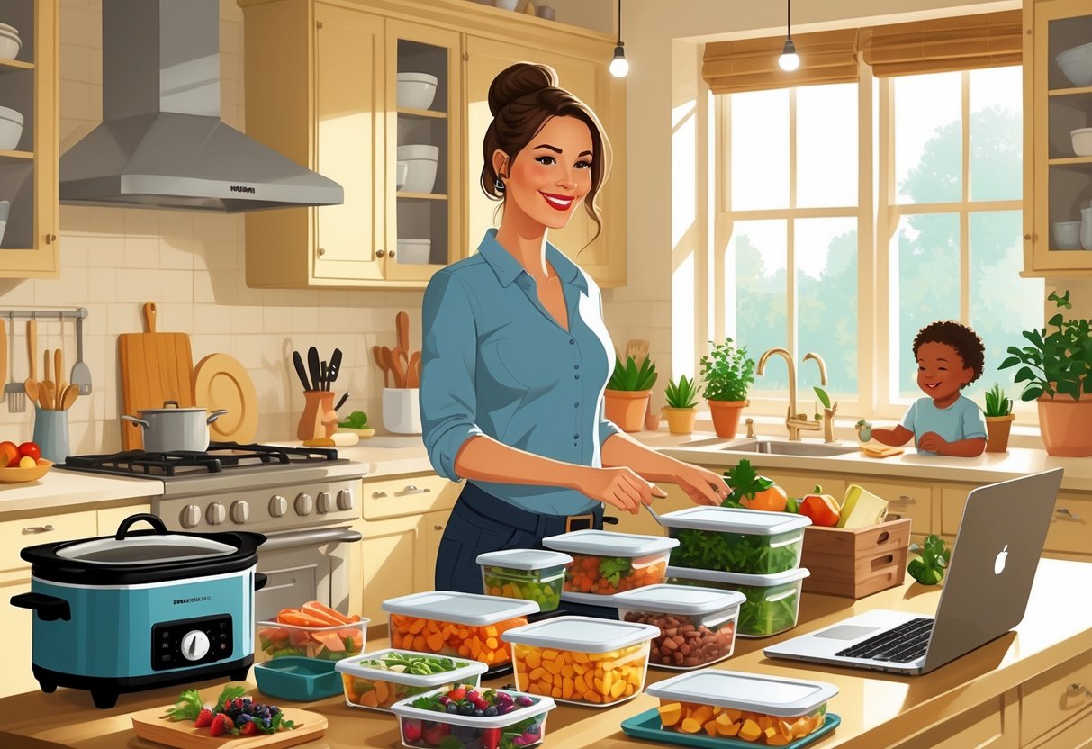 A mom preparing batch-cooked meals in a kitchen while working on her laptop, with a child playing nearby.