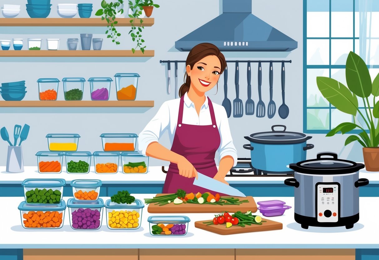 A mom preparing food in a bright kitchen with meal prep containers, cooking tools, and fresh vegetables neatly arranged on the countertop.