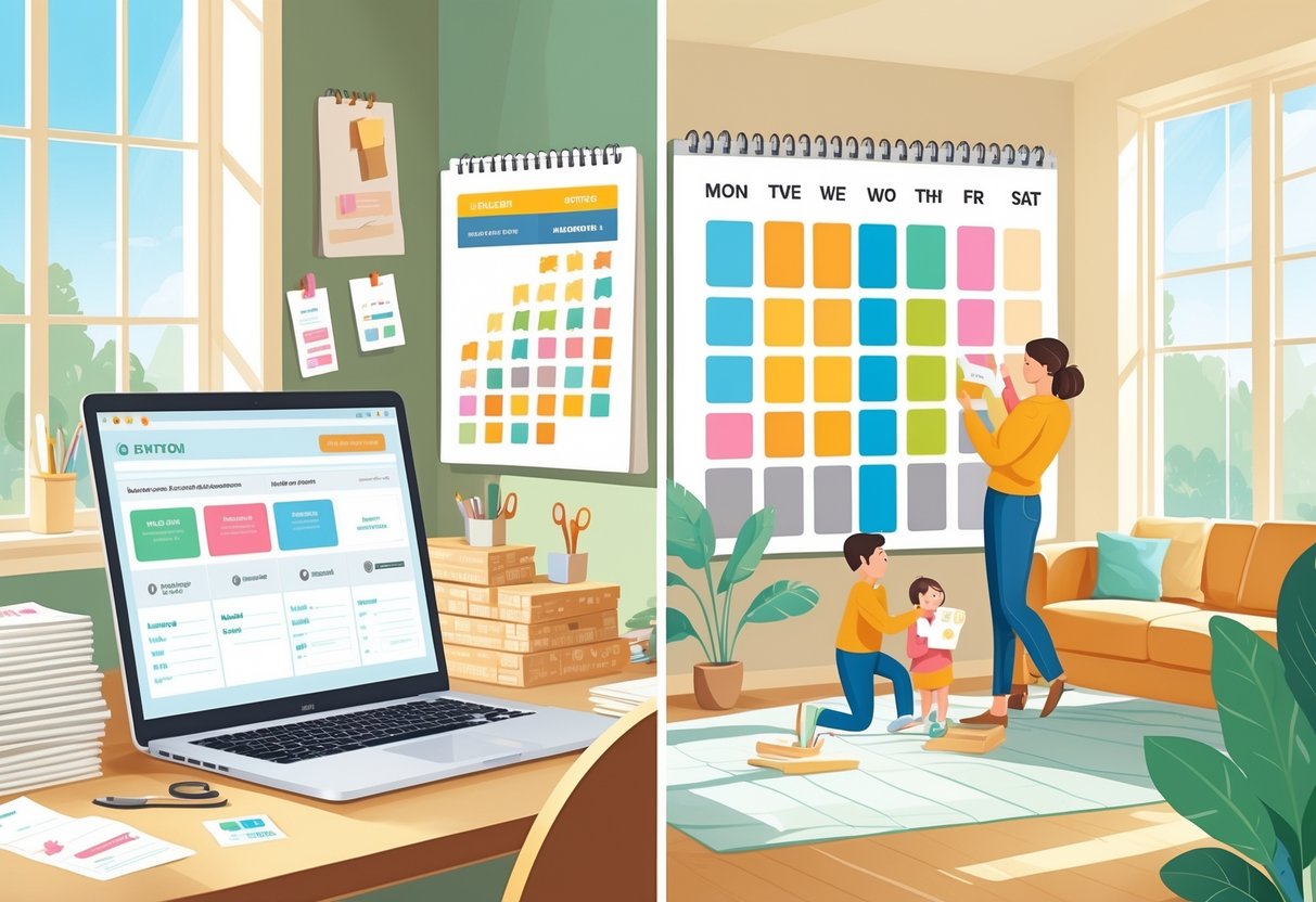 A workspace with Etsy orders and crafting supplies next to a family room where a parent spends time with children, connected by a calendar showing scheduled time blocks.