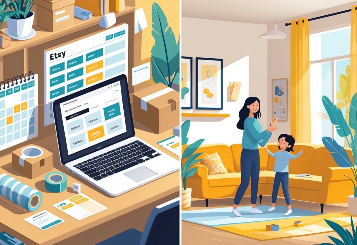 A workspace with an open laptop and packaging materials next to a family scene where a parent is spending time with children in a living room.