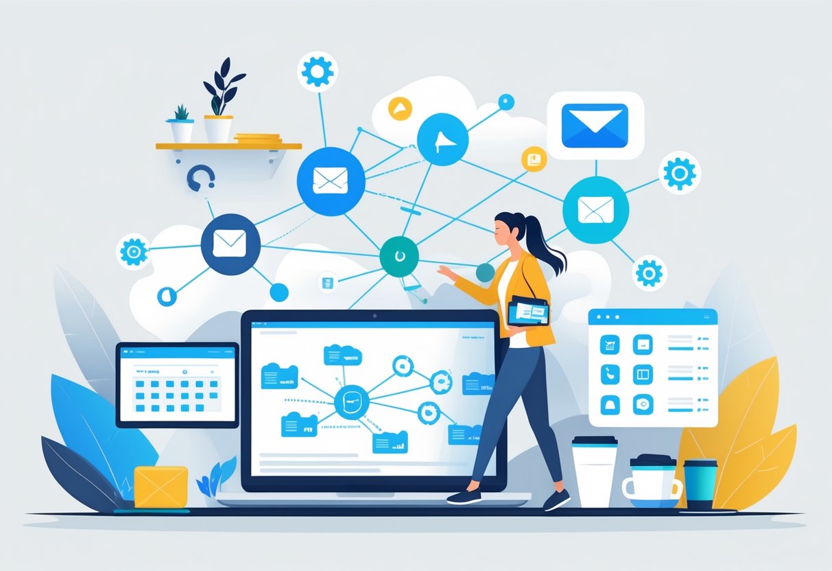 A small business owner working at a desk with a laptop showing connected icons representing automated business tasks.