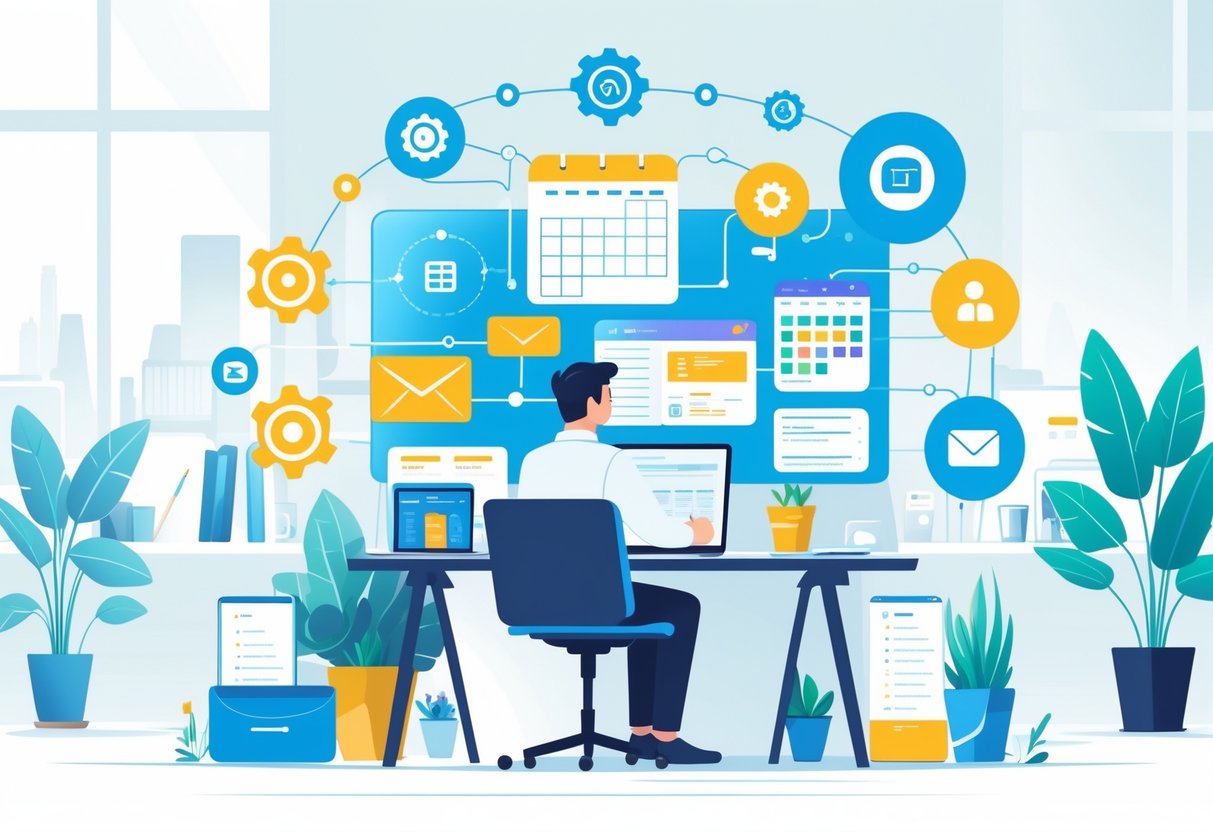 A small business owner at a desk using a laptop, surrounded by interconnected icons representing automation and workflow tools.