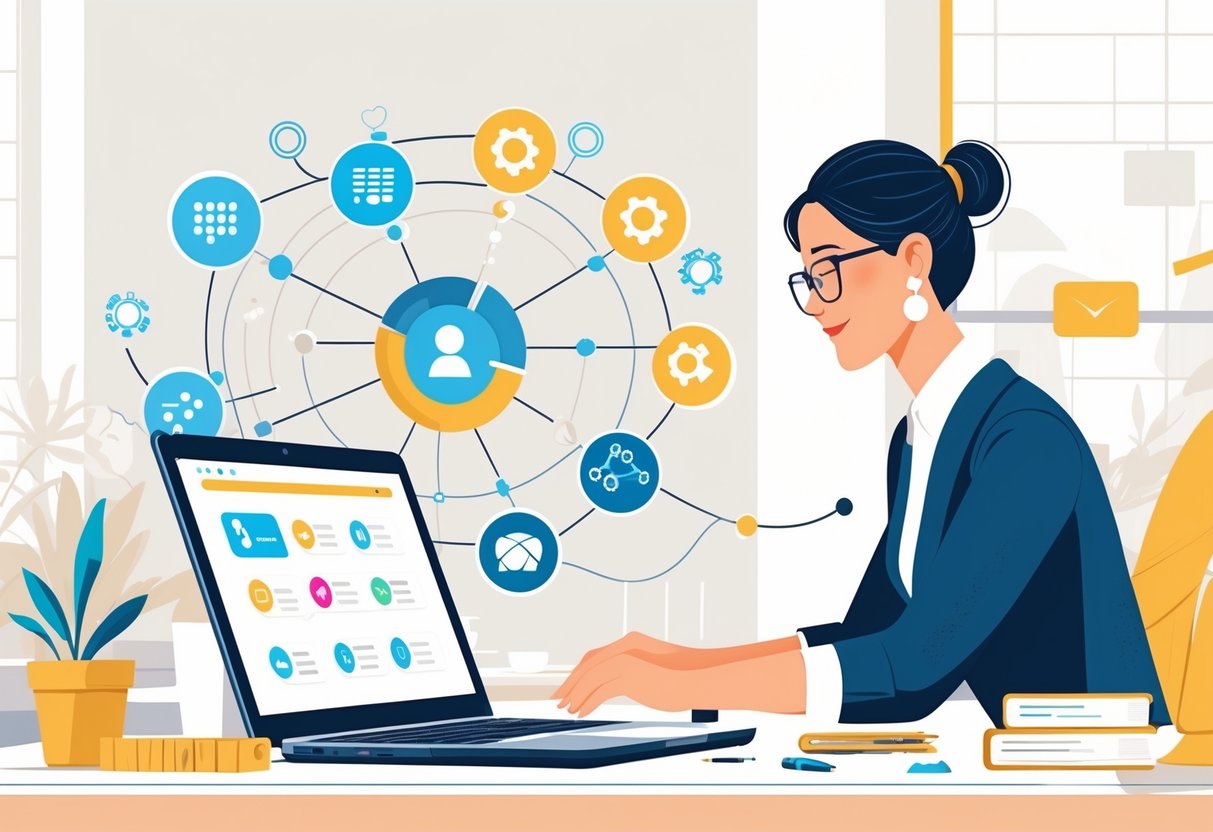 A small business owner working at a desk with a laptop surrounded by icons and symbols representing automation tools and streamlined workflows.