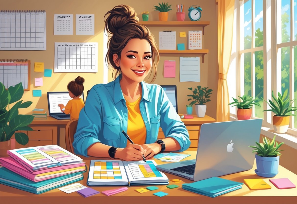 A stay-at-home mom working at a desk with productivity planners and a child playing nearby in a bright home office.