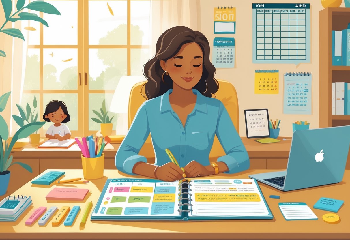A stay-at-home mom using a planner at a desk with organizational tools, a child playing nearby, and a calendar visible in a bright home setting.