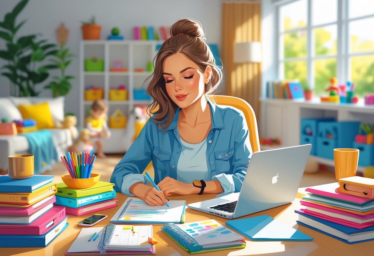 A stay-at-home mom working at a tidy desk with productivity planners, a child playing quietly in the background, and sunlight coming through a window.