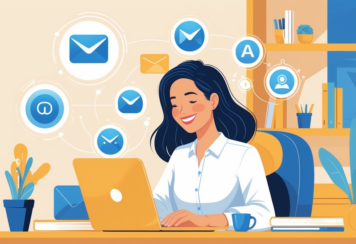 A busy mom sitting at a desk using a laptop with floating digital icons around her, while a child plays nearby in a home setting.