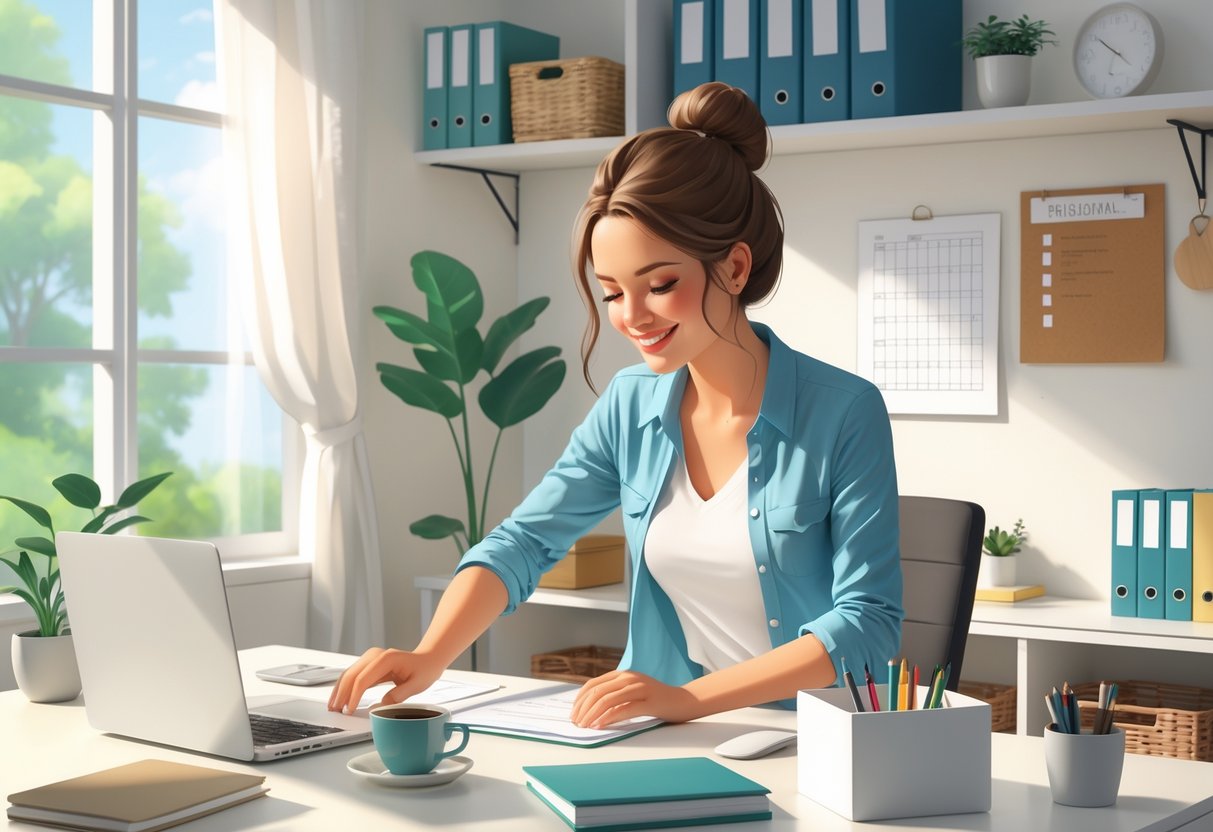 A mom organizing her tidy home office, putting items into storage boxes with a laptop and plants on the desk.