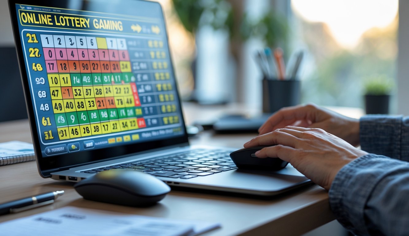 Meja kerja dengan laptop yang menampilkan angka togel dan tangan seseorang menggunakan mouse di ruang kantor rumah yang terang.