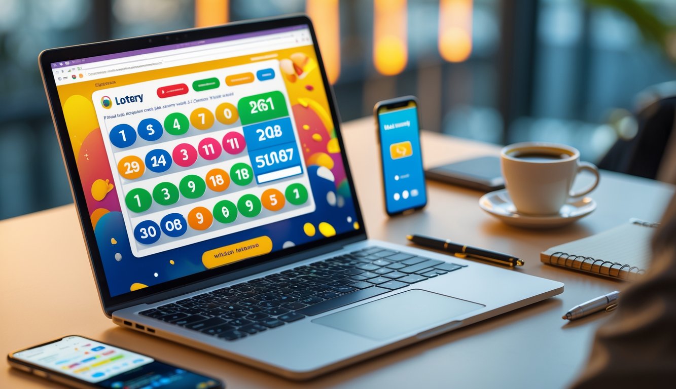 Sebuah ruang kerja modern dengan laptop yang menampilkan situs togel online, smartphone, cangkir kopi, dan alat tulis di atas meja.
