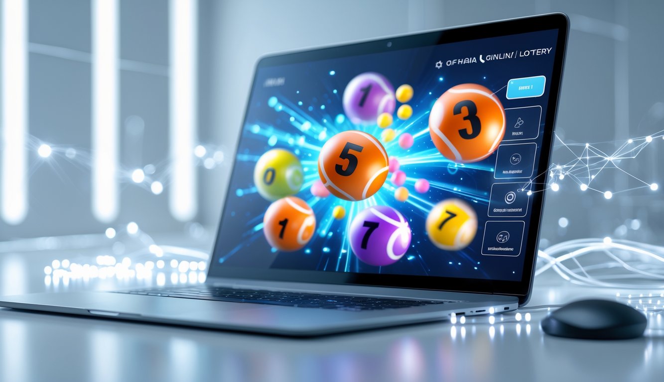 Layar komputer menampilkan bola lotere berwarna-warni dengan angka yang sedang ditarik, dikelilingi oleh elemen digital yang menggambarkan koneksi online.
