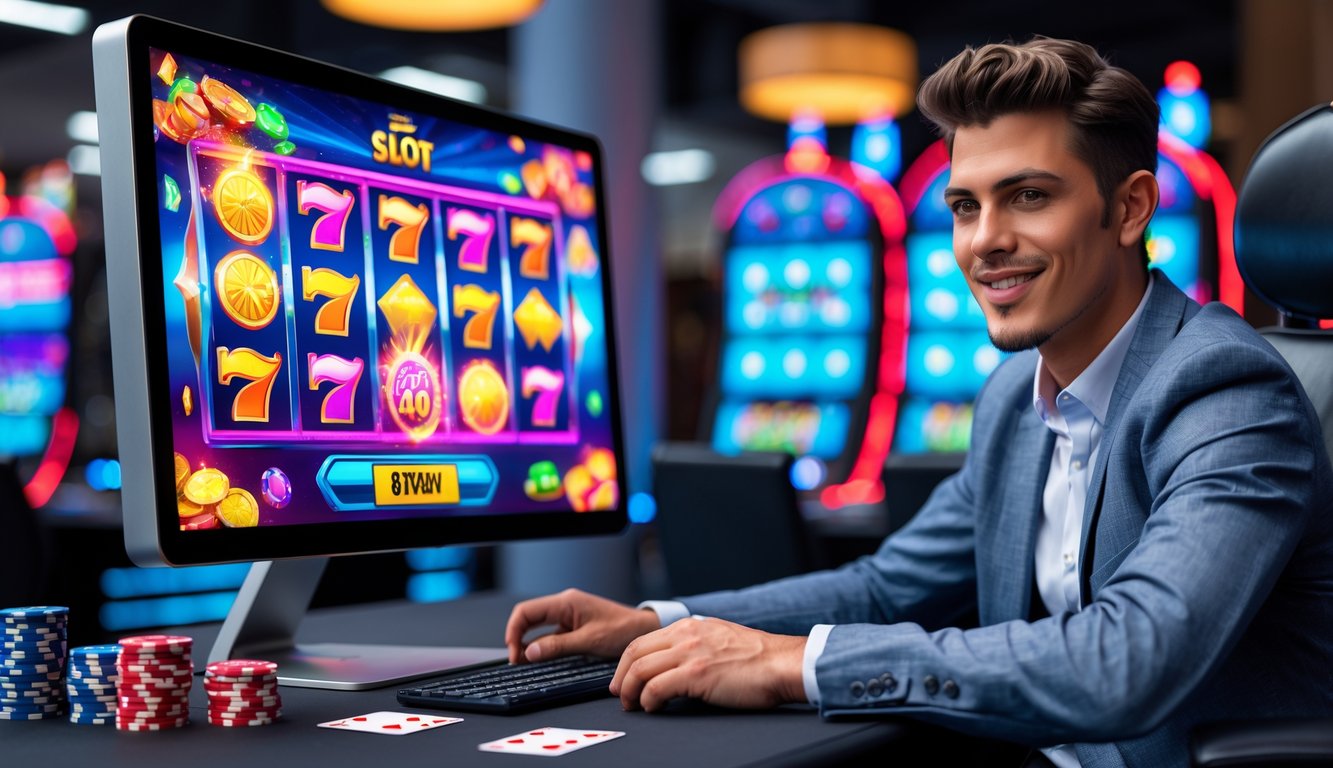 Seorang dewasa muda duduk di depan komputer dengan layar menampilkan mesin slot berwarna-warni, terlihat fokus dan senang bermain game slot online.