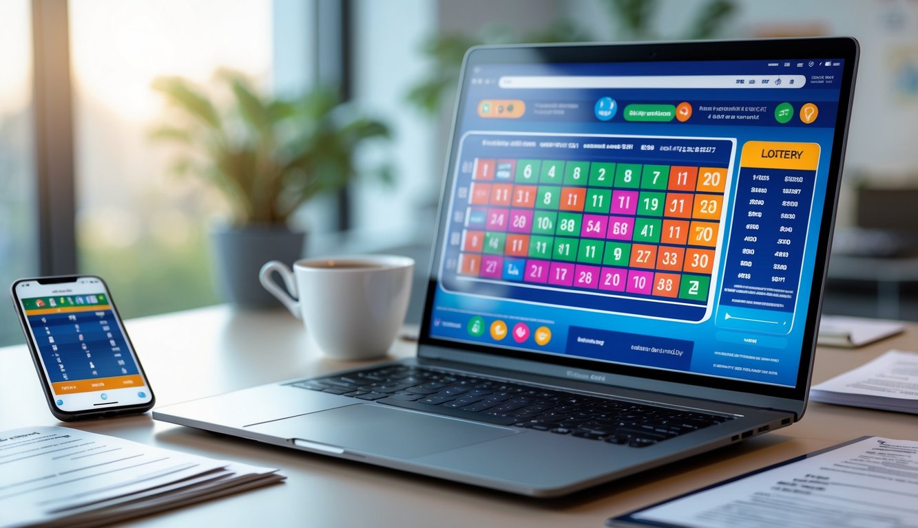 Meja kerja modern dengan laptop menampilkan antarmuka situs togel online dan beberapa perangkat serta dokumen di sekitarnya.