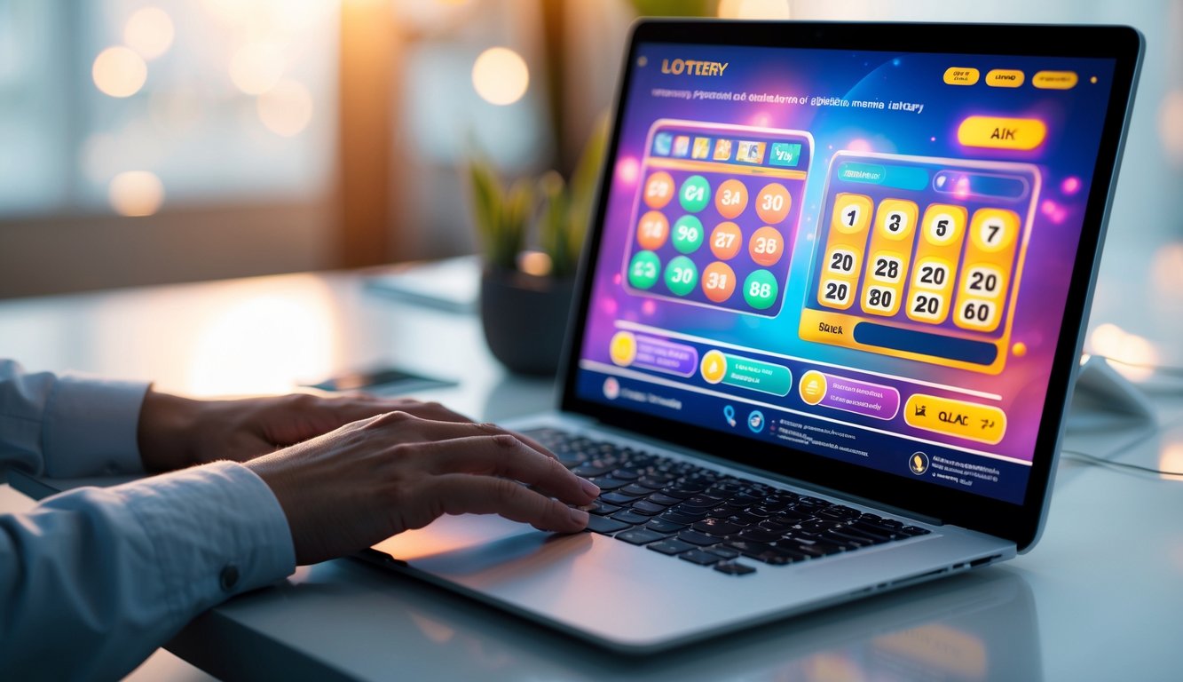 Seseorang menggunakan laptop dengan layar menampilkan antarmuka lotre online di meja kerja yang rapi.