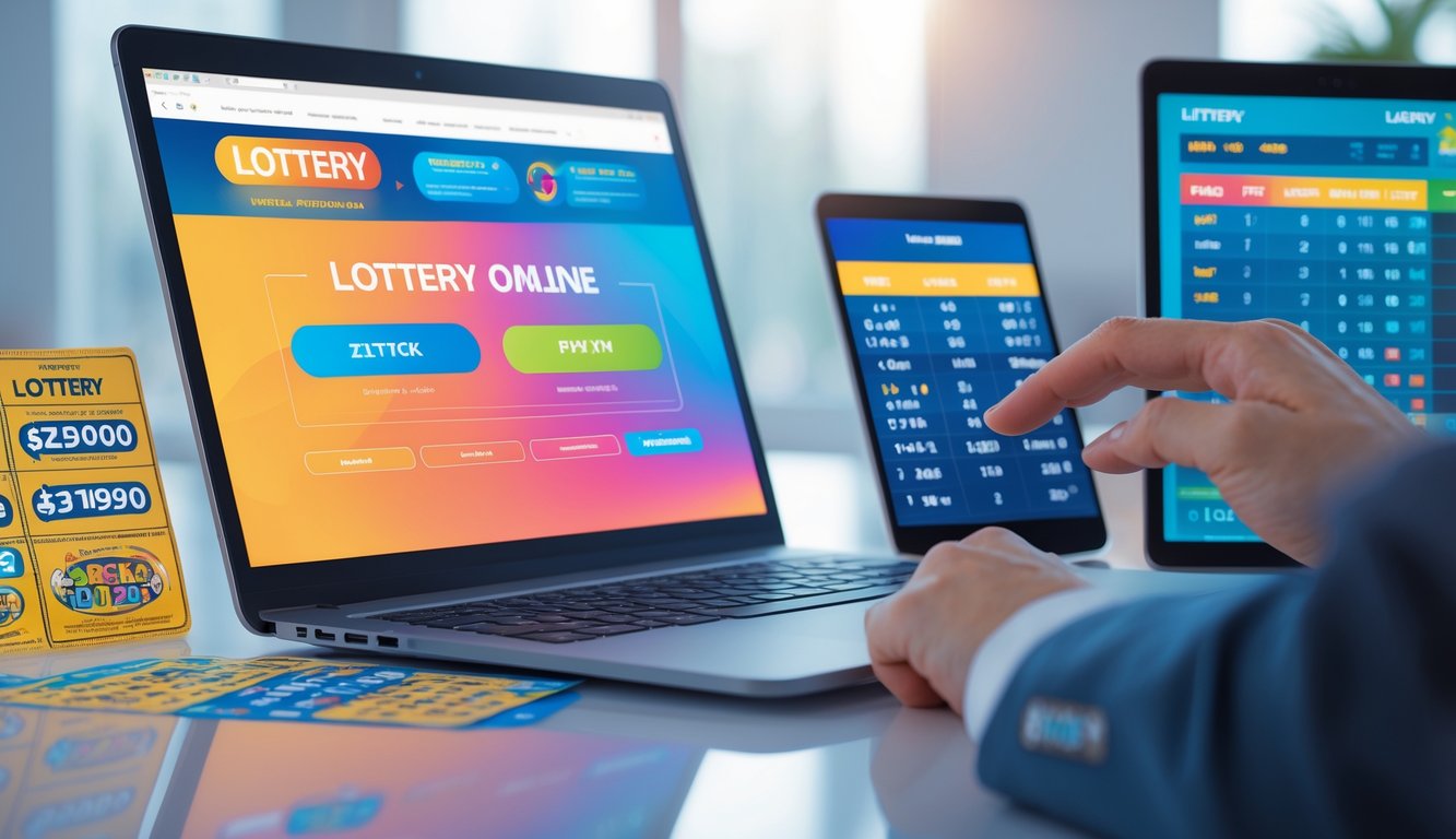 Seseorang menggunakan laptop dan perangkat digital di meja kerja dengan tiket lotere dan grafik angka.