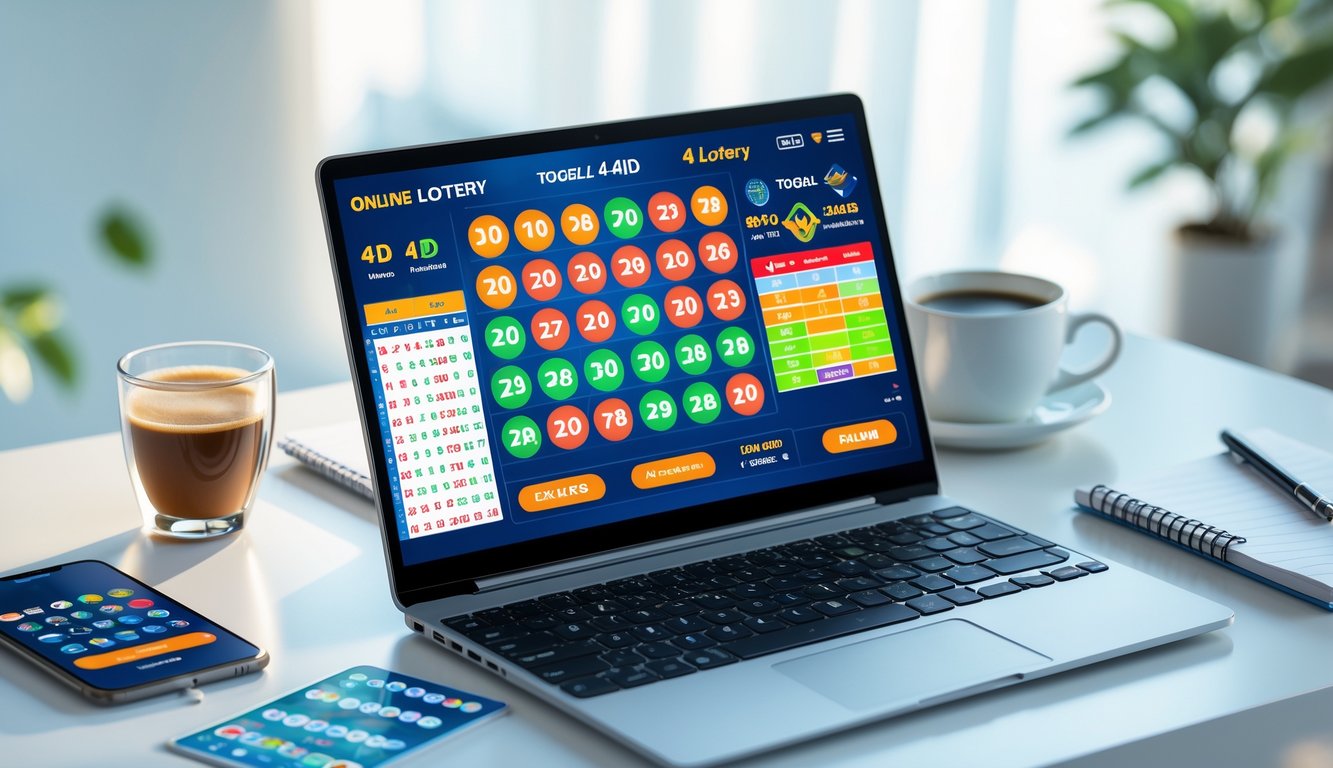 Seorang pria menggunakan laptop di meja kerja dengan tampilan angka dan grafik lotere di layar.